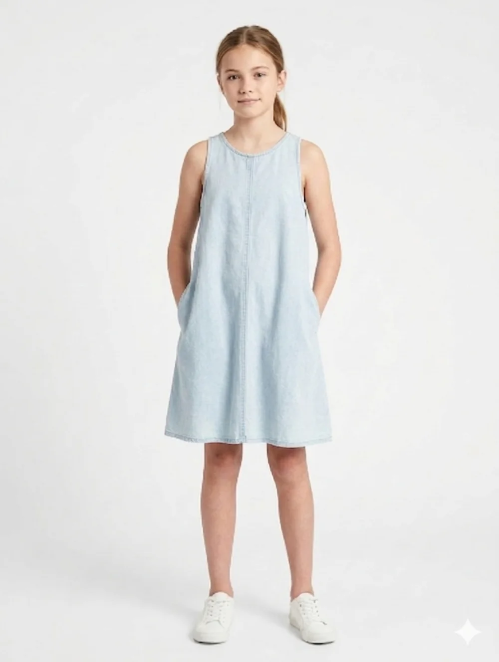 cloth and stone sleeveless denim dress Isai Maxi in Washed Linen back with sneakers Womens JUNAROSE Blue Denim SIZE:32/29 Mob Wife Aesthetic